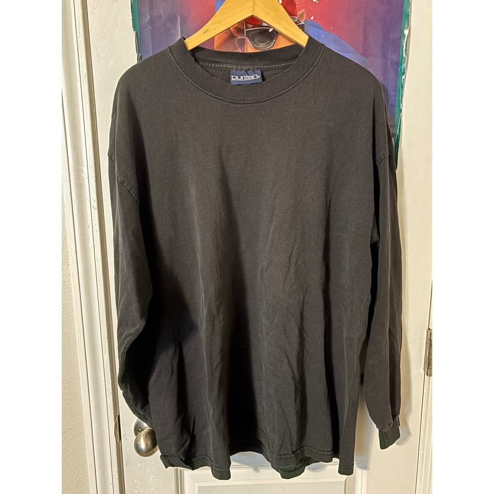 Puritan Mens Long Sleeve T-Shirt Black Crewneck Cotton Basic Relaxed Fit L